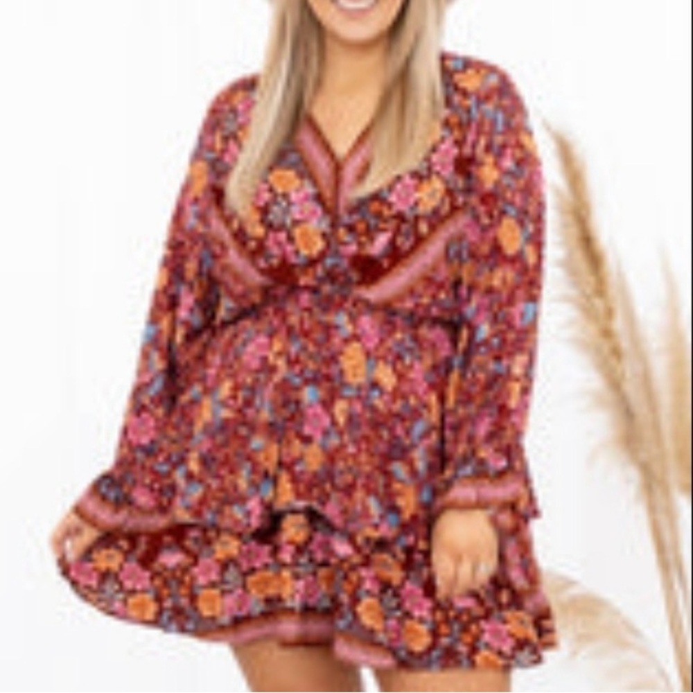 Chic Soul Floral Long Sleeve Tiered Mini Dress